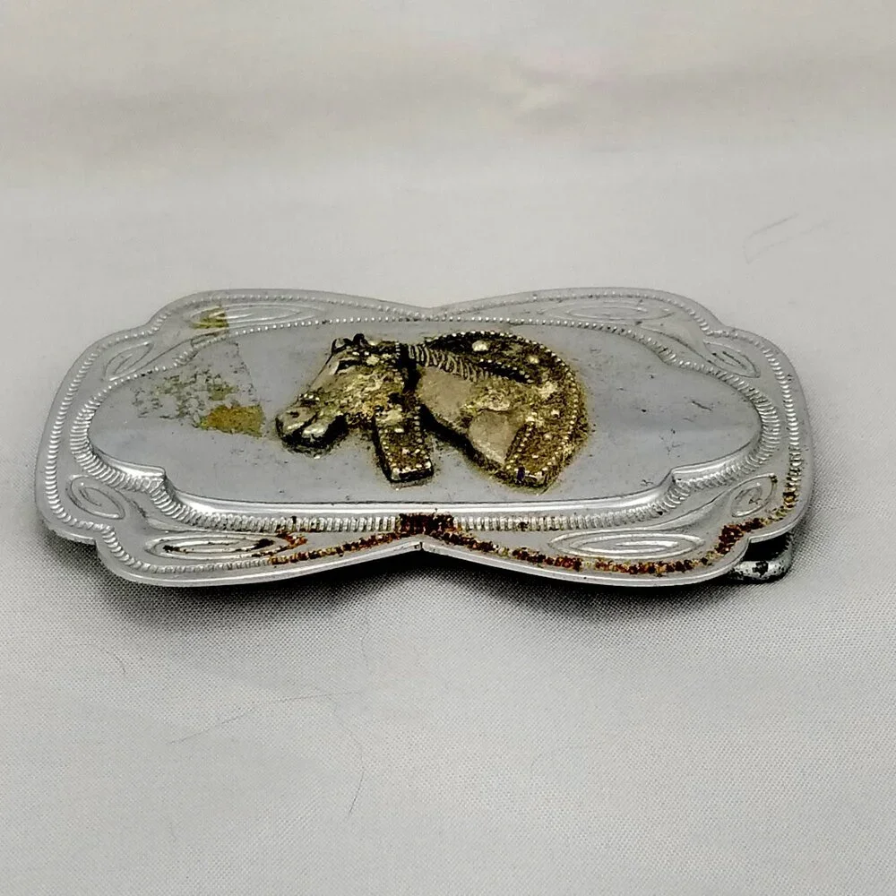 Vintage Belt Buckle Western Horseshoe Over Horse Head‎ Cowboy Cowgirl Filigree